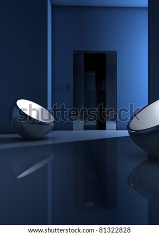 view of modern blue room with design interior and elevator