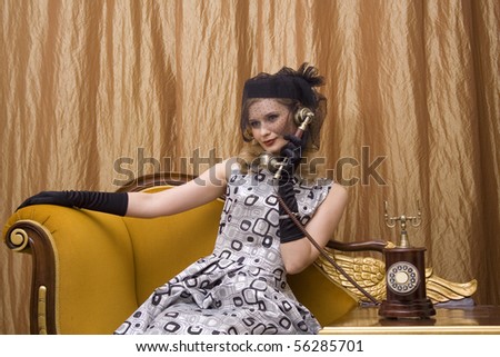 Retro woman , calling by phone. Retro communications