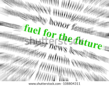 Text fuel for the future in green and in focus. Surrounding text blurred with zoom effect.