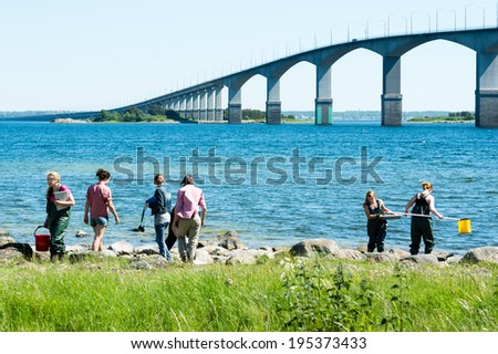 KALMAR, SWEDEN - MAY 26, 2014: Group of people in the water on ecology excursion. Bridge in background.