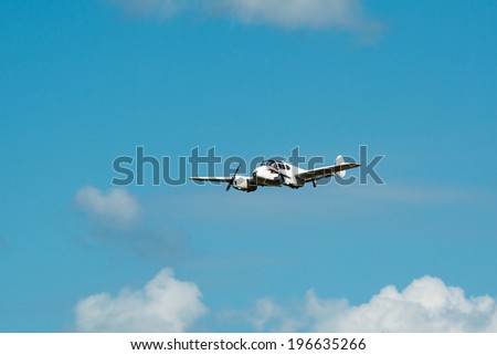 KALLINGE, SWEDEN - JUNE 01, 2014: Swedish Air Force air show 2014 at F 17 Wing. Miles Gemini twin engine touring aircraft, airborne.