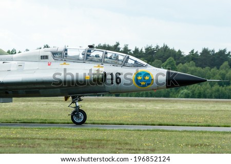 KALLINGE, SWEDEN - JUNE 01, 2014: Swedish Air Force air show 2014 at F 17 Wing. Saab 35 Draken with double delta wing.