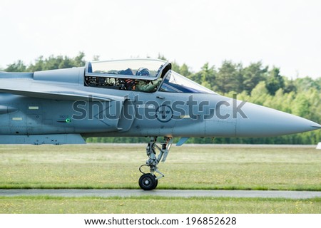 KALLINGE, SWEDEN - JUNE 01, 2014: Swedish Air Force air show 2014 at F 17 Wing. Saab JAS 39 Gripen