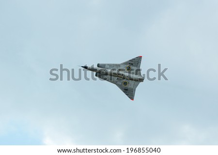 KALLINGE, SWEDEN - JUNE 01, 2014: Swedish Air Force air show 2014 at F 17 Wing. Saab 35 Draken with double delta wing.
