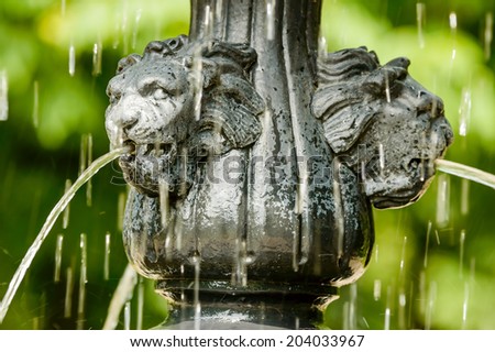 Water coming out from lions mouth on old cast iron fountain.