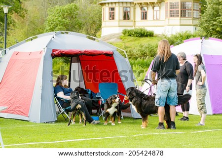 RONNEBY, SWEDEN - JULY 05, 2014: Blekinge Kennelklubb international dog show. Dogs and people meeting outside show tent.