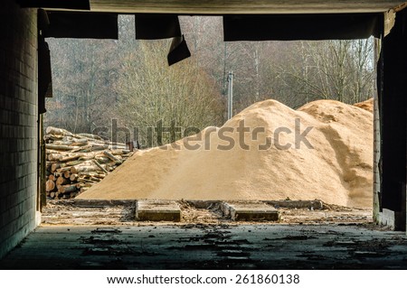 A pile of saw dust and some logs outside an abandoned building that frames the view as seen from the inside out. Rubber seal hangs down from ceiling.