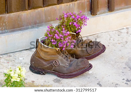 A pair of old used boots up cycled as flower pots with lovely purple flowers in them. Boots are worn and weathered with a lovely patina to them. Recycle at its best.