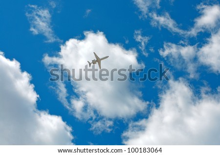 plane flying among white clouds and the blue sky