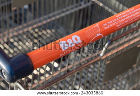 Manchester, UK - January 5th 2015: B&Q Shopping trolley with health and safety instructions. One of the largest UK DIY retailers, the health and safety of its customers is a key concern.