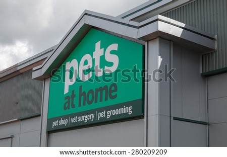 Macclesfield,UK - May 19th 2015: Pets at Home shopfront with sign and logo