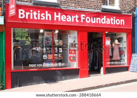 Macclesfield,UK - May 28th 2015: Charity shops are more popular than even on the high streets of English town.  The British Heart Foundation operates a chain of stores around the country.