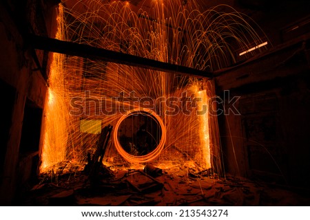 Light painting in abandon house, fire painting
