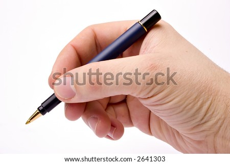 PEN IN HAND ISOLATED ON WHITE