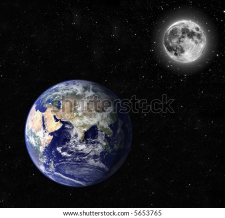 Composite image of earth and moon. Moon orbiting earth.