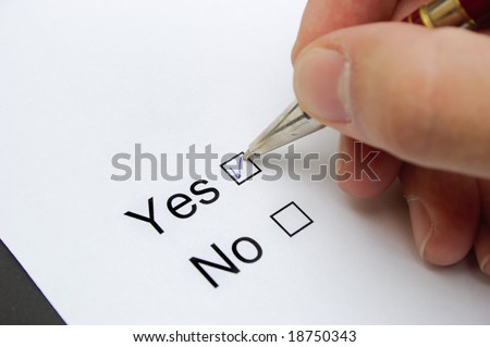 Hand with pen and check boxes isolated on white background