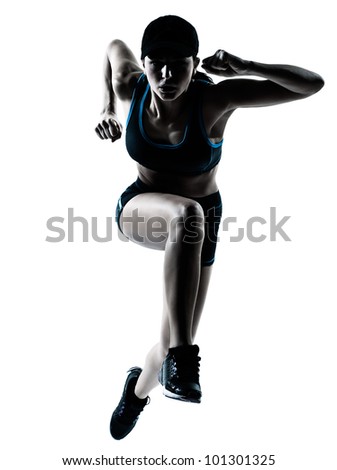 one caucasian woman runner jogger jumping in silhouette studio isolated on white background - stock photo