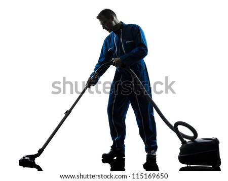 one caucasian janitor vaccum cleaner cleaning silhouette in studio on white background one caucasian janitor vaccum cleaner cleaning silhouette in studio on white background