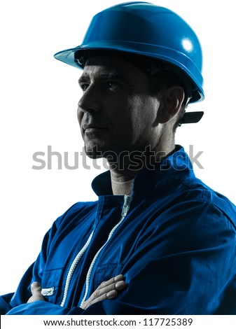 one caucasian man construction worker smiling silhouette portrait in studio on white background