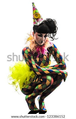 one caucasian woman harlequin circus dancer performer  in silhouette studio isolated on white background