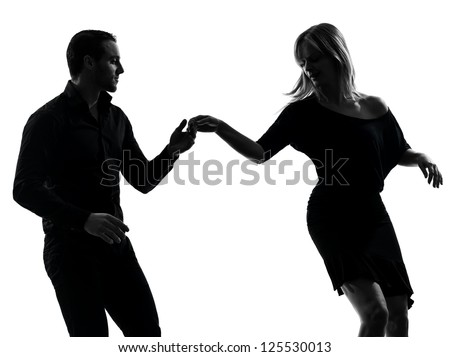 one caucasian couple woman man dancing dancers salsa rock  in silhouette studio isolated on white background