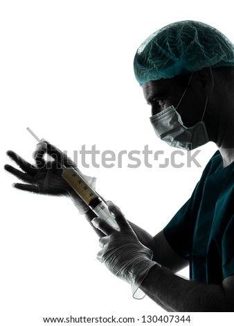 one caucasian doctor suegon  Anesthetist man holding surgery needle  silhouette isolated on white background