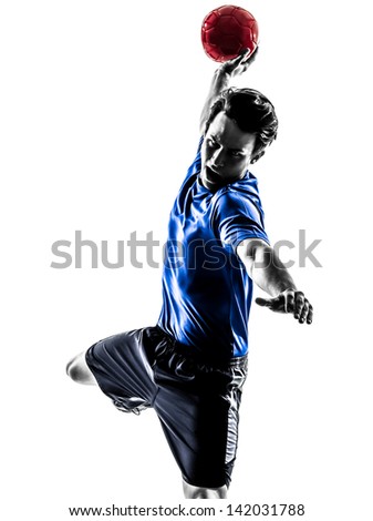 one caucasian young man exercising handball player in silhouette studio  on white background