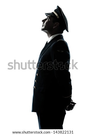 one caucasian man in airline pilot uniform  in studio isolated on white background