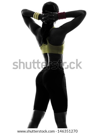 one  woman exercising fitness workout arms behind head  rear view in silhouette  on white background