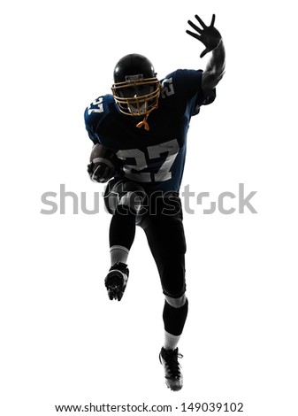 One Caucasian American Football Player Man Running In Silhouette Studio Isolated On White Background