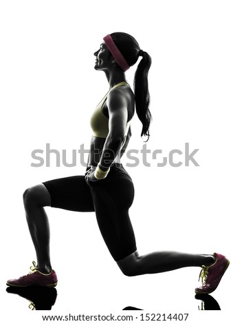 one  woman exercising fitness workout lunges crouching  in silhouette  on white background - stock photo