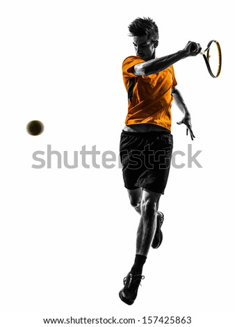 One Man Tennis Player In Silhouette On White Background