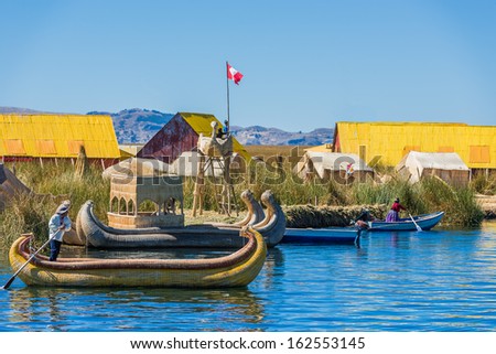 PUNO, PERU - JULY 26: Uros floating islands in the peruvian Andes at Puno Peru on july 26th, 2013. The Uros are a pre-Incan people who live on 42 self-fashioned floating islands in Lake Titicaca