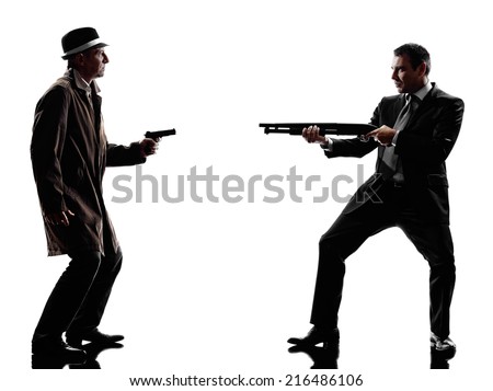 one detective man criminal investigations investigating crime in silhouette on white background