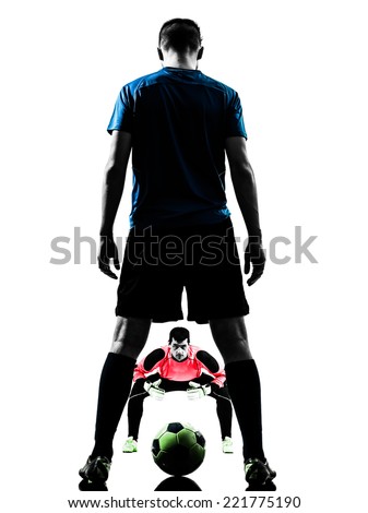 two soccer player goalkeeper men face to face competition in silhouette isolated white background two soccer player goalkeeper men face to face competition in silhouette isolated white background
