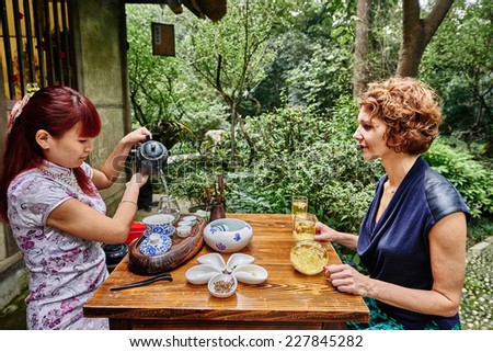Chengdu, China - September 21, 2014: tea ceremony in Du Fu thatched Cottage in Chengdu Sichuan China