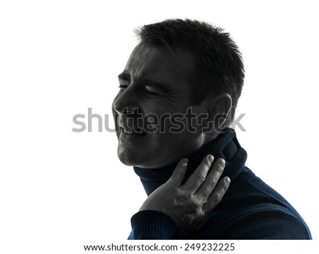 one  man with cervical collar neckache portrait in silhouette studio isolated on white background