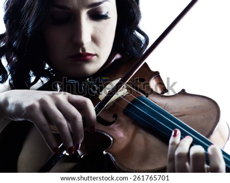 one caucasian Violinist woman player playing violon studio slihouette isolated in white background
