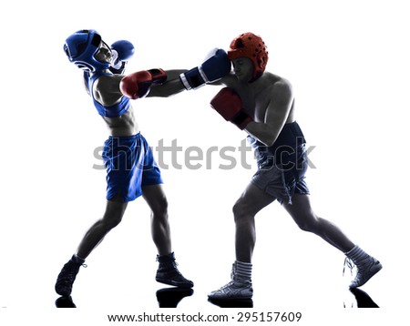 one woman boxer boxing one man  kickboxing  silhouette isolated  white background