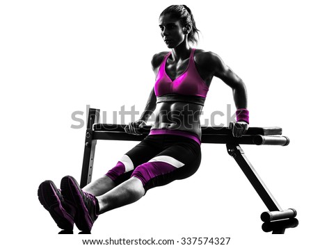 one caucasian woman exercising  fitness bench press  push-ups  in studio silhouette isolated on white background