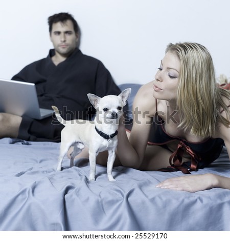 beautiful young caucasian couple in a bed on isolated background with chihuahua dog pet