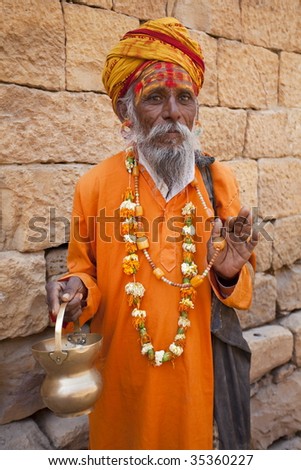 Jain Priest Welcoming Saluting In Jaisalmer In Rajasthan State In India 