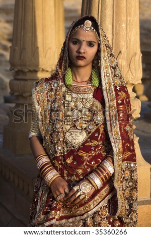wedding couple in tradional costume in jaisalmer  in rajasthan state in india