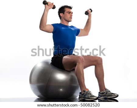 man seat on swiss ball. Seated Swiss Ball Upward Shoulder Rotation