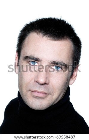 handsome caucasian man smiling short brown with polo turtle neck hair blue eyes portrait expressing portrait on studio isolated white background