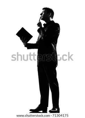 silhouette caucasian business man with note pad thinking expressing behavior full length on studio isolated white background