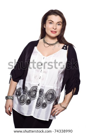 large build caucasian woman spring summer fashion models clothes clothings on studio isolated plain background