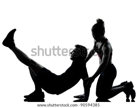 one couple man woman exercising workout aerobic fitness posture full length silouhette on studio isolated on white background