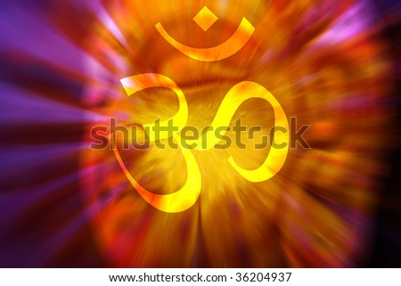 A spiritual hypnotic background with the holy symbol of OM on the backdrop of the face of a meditating buddha in healing colors.