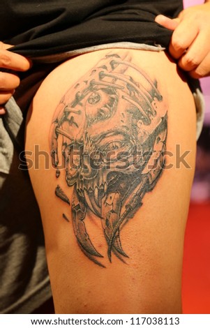 BANGKOK, THAILAND - OCTOBER 23: Unidentified contestant\'s tattoo at MBK Center \
